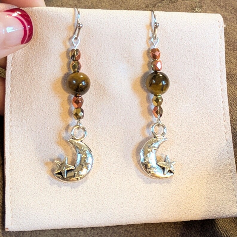 Crescent Moon Tiger's Eye Beaded Hook Earrings, Silver - - LadybugfeetDesigns -