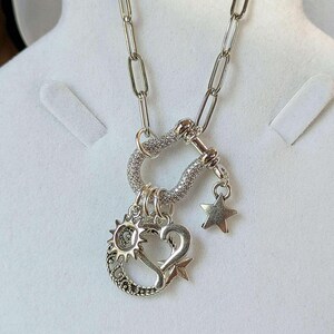 Celestial Crescent Moon and Heart Shackle Clasp Carabiner Necklace, Silver - Adjusts up to 20 inches - - LadybugfeetDesigns -