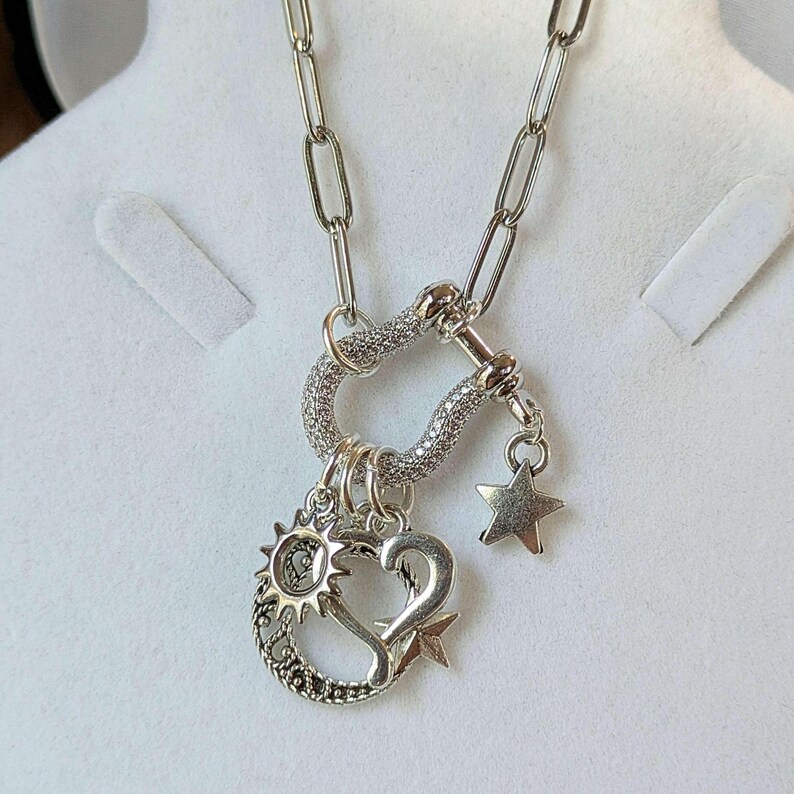 Celestial Crescent Moon and Heart Shackle Clasp Carabiner Necklace, Silver - Adjusts up to 20 inches - - LadybugfeetDesigns -