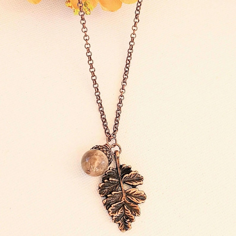 Acorn Oak Leaf Necklace, Antique Copper - - LadybugfeetDesigns -