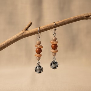 Sunflower Beaded Sunstone Hook Earrings, Silver - - LadybugfeetDesigns -