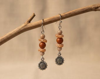 Sunflower Beaded Sunstone Hook Earrings, Silver