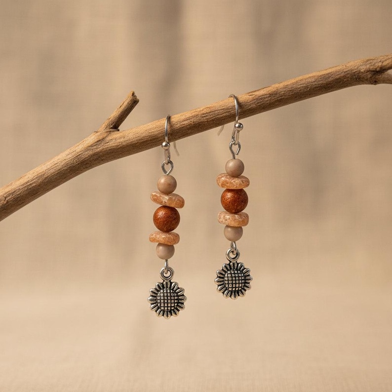 Sunflower Beaded Sunstone Hook Earrings, Silver - - LadybugfeetDesigns -