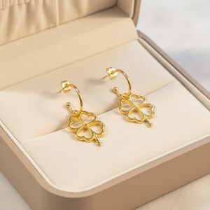 Four Leaf Clover Hoop earrings, Gold - 16mm - - LadybugfeetDesigns -