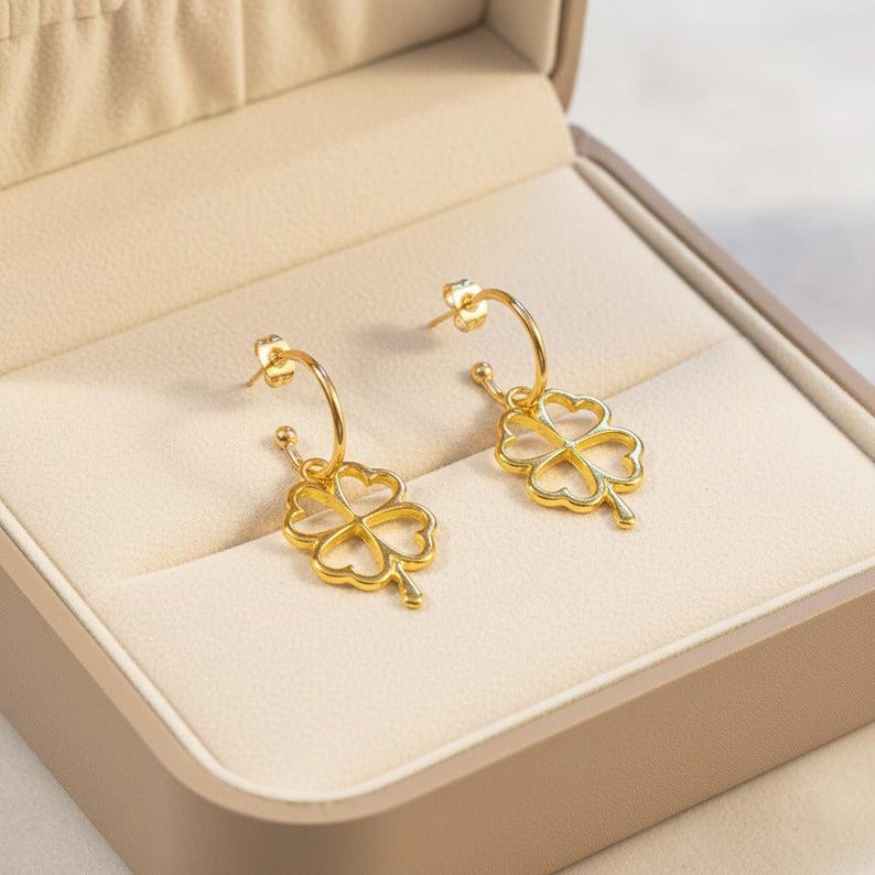 Four Leaf Clover Hoop earrings, Gold - 16mm - - LadybugfeetDesigns -