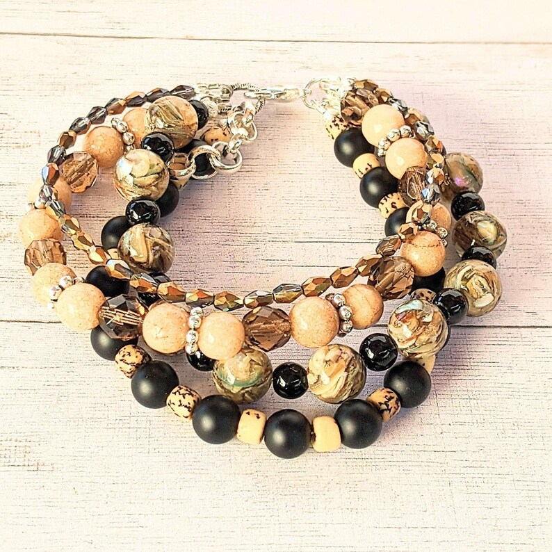 Chunky Jasper Coffee layered cuff bracelet - - LadybugfeetDesigns -