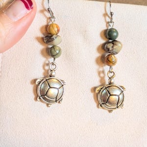 Turtle Red Creek Jasper Hook Earrings, Silver - - LadybugfeetDesigns -