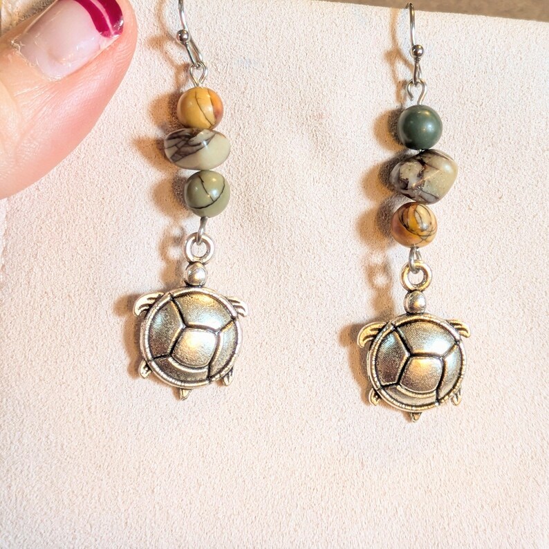 Turtle Red Creek Jasper Hook Earrings, Silver - - LadybugfeetDesigns -