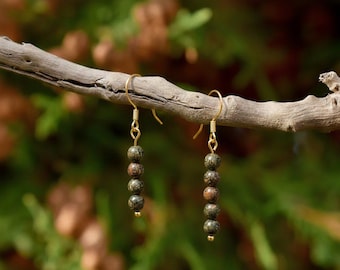 Unakite Beaded Hook Earrings, Gold