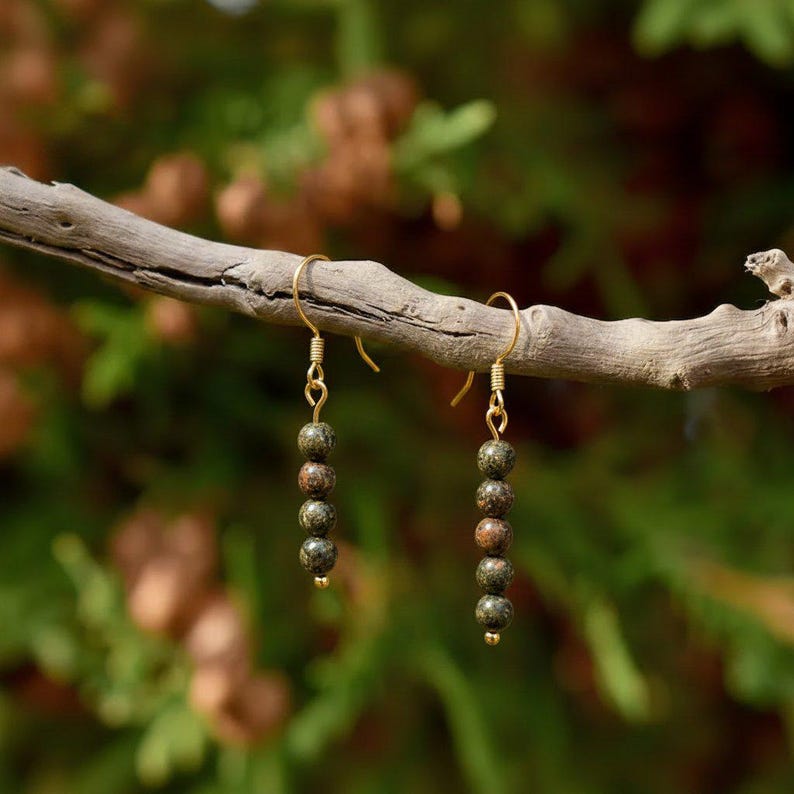 Unakite Beaded Hook Earrings, Gold - - LadybugfeetDesigns -