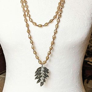 Two-Tone Leaf Champagne Crystal Necklace - 60 inch - - LadybugfeetDesigns -