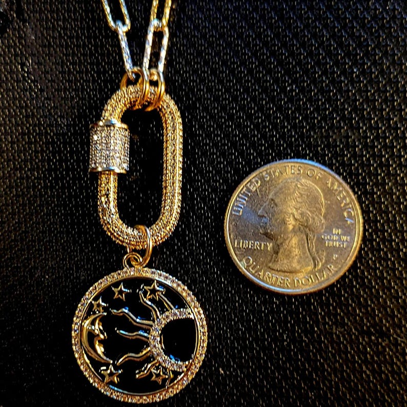 Black Enamel Celestial Pendant Carabiner Necklace, Gold/Silver - 20 inch - - LadybugfeetDesigns -