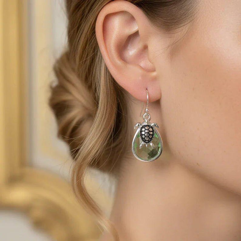 Sea Glass, Sea Turtle Crystal Dangle Earrings - - LadybugfeetDesigns -