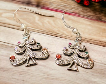 Rhinestone Christmas Tree dangle earrings, Gold or Silver