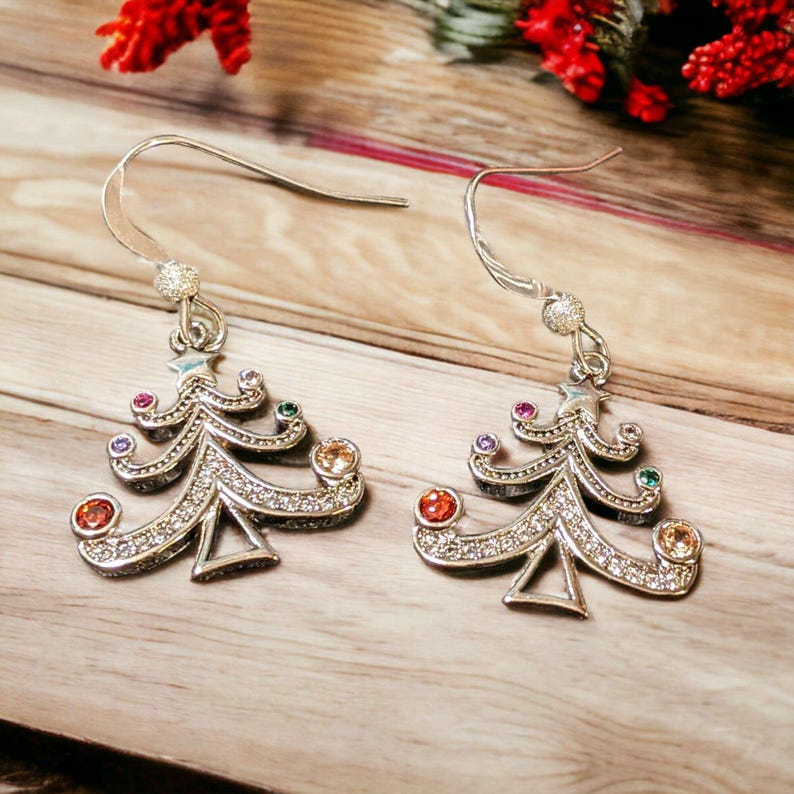 Rhinestone Christmas Tree dangle earrings - - LadybugfeetDesigns -