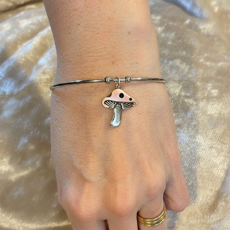 Mushroom Euro Bangle Cuff, Silver - - LadybugfeetDesigns -