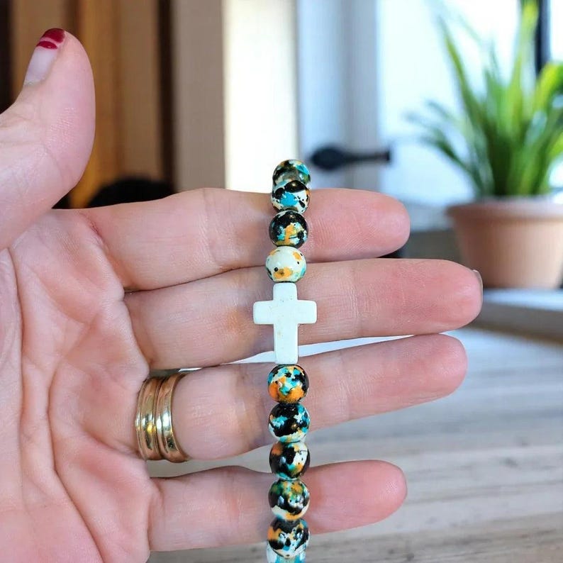 Black Orange Blue Beaded Cross Stretch bracelet - - LadybugfeetDesigns -