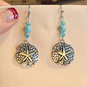 Sand Dollar Larimar Beaded Hook Earrings, Silver - - LadybugfeetDesigns -