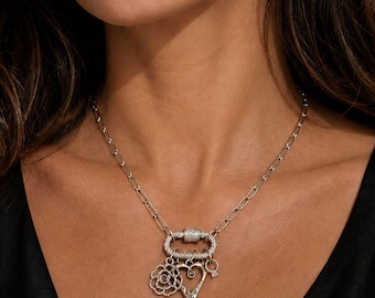 Romantic Rose, Heart, Diamond Ring Carabiner Necklace, Silver - Adjusts up to 20 inches