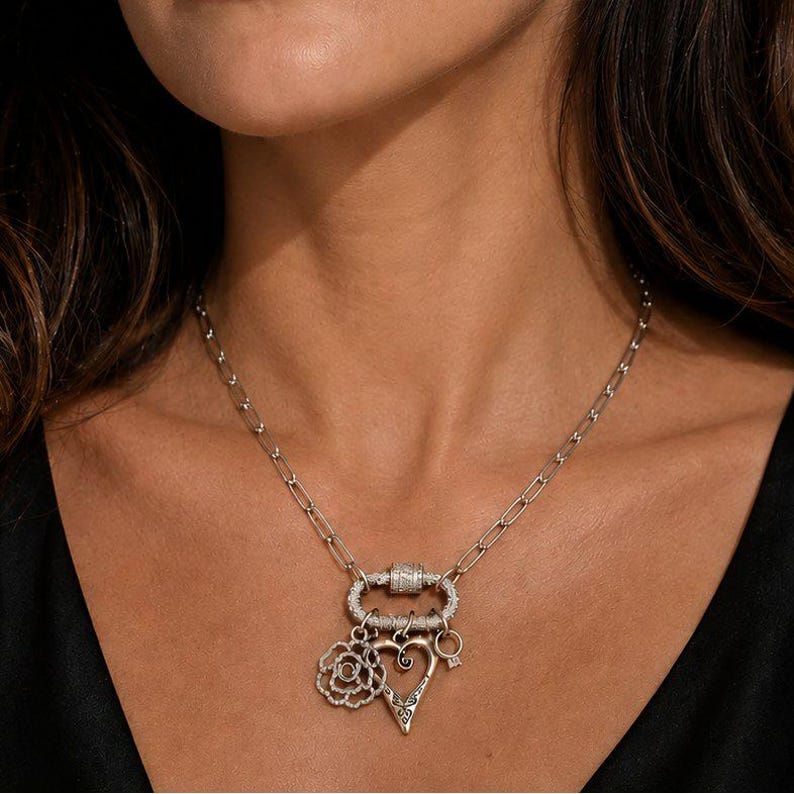Romantic Rose, Heart, Diamond Ring Carabiner Necklace, Silver - Adjusts up to 20 inches - - LadybugfeetDesigns -