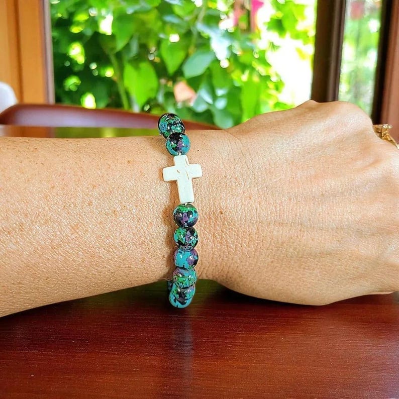 Teal Blue Green Beaded Cross Stretch bracelet - - LadybugfeetDesigns -