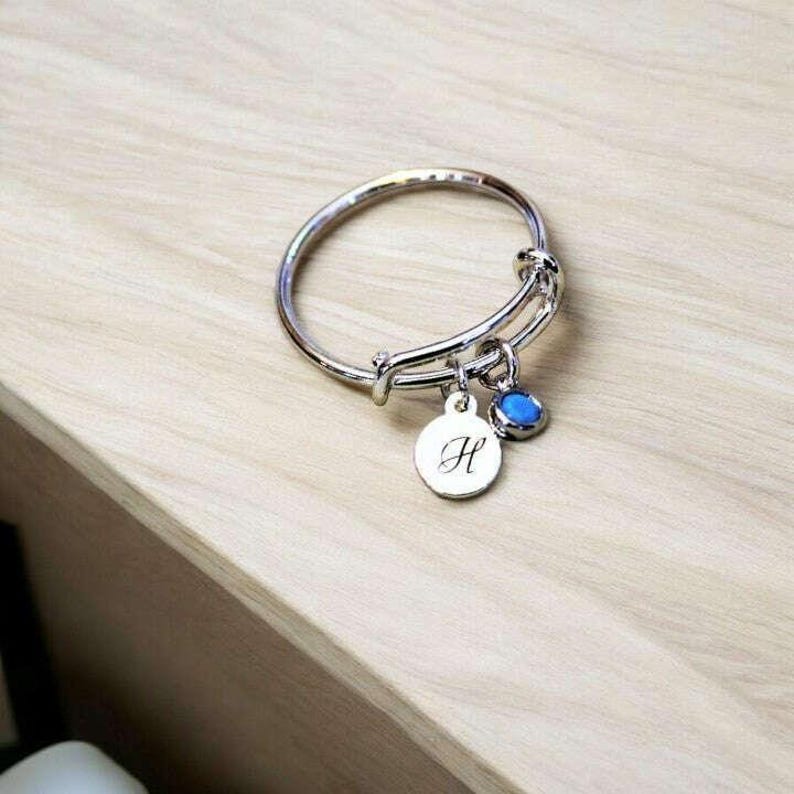 Expandable Initial & Birthstone Charm Ring,Gift for her - - LadybugfeetDesigns -