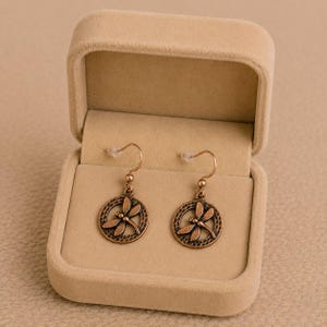 Dragonfly Circle dangle earrings, Copper/Rose Gold - - LadybugfeetDesigns -