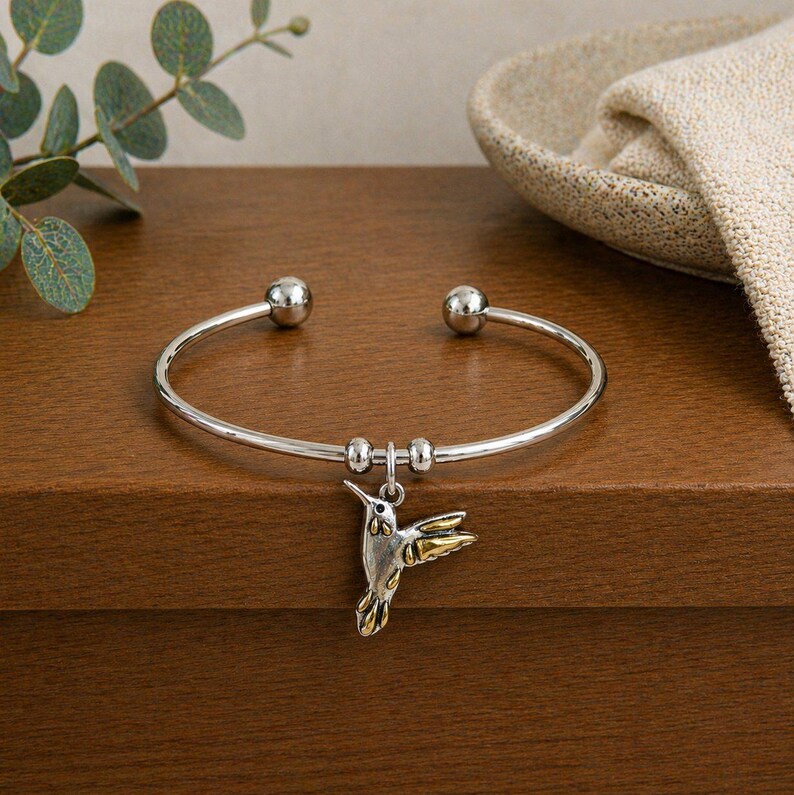 Hummingbird Euro Bangle Cuff, Silver - - LadybugfeetDesigns -