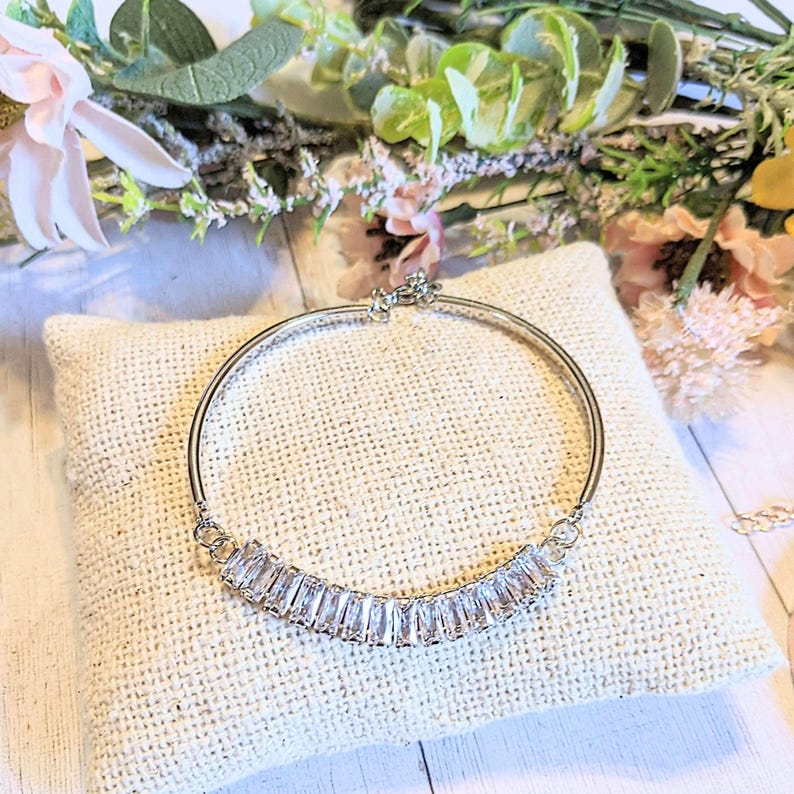Silver CZ Baguette Bangle Bracelet, Large - - LadybugfeetDesigns -