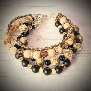 Chunky Jasper Coffee layered cuff bracelet - - LadybugfeetDesigns -