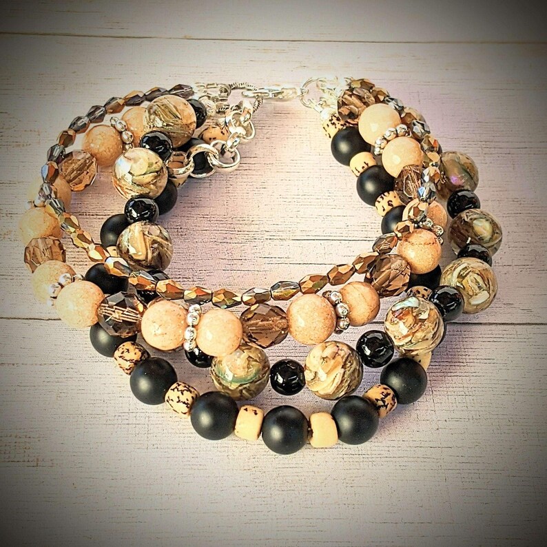 Chunky Jasper Coffee layered cuff bracelet - - LadybugfeetDesigns -