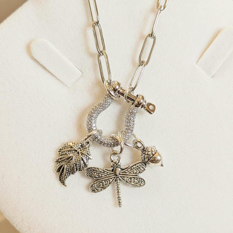 Forest Friends Dragonfly Shackle Clasp Carabiner Necklace, Silver - Adjusts up to 20 inches - - LadybugfeetDesigns -