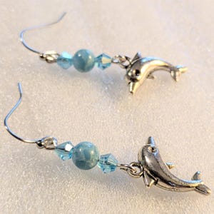 Dolphin Larimar Beaded Hook Earrings, Silver - - LadybugfeetDesigns -