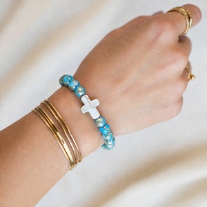 Aqua Silver Gold Beaded Cross Stretch bracelet - - LadybugfeetDesigns -