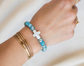 Aqua Silber Gold Perlen Kreuz Stretch Armband