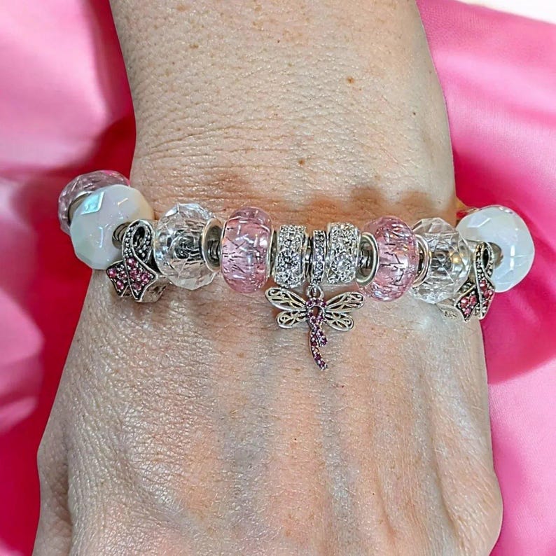 Cancer Awareness European beaded bracelet - Silver - - LadybugfeetDesigns -
