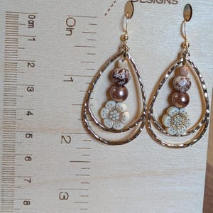 Boho Hammered Teardrop Flower Bead Earrings, Gold - - LadybugfeetDesigns -