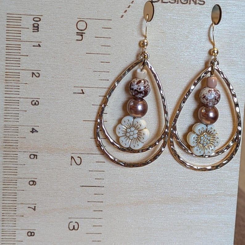 Boho Hammered Teardrop Flower Bead Earrings, Gold - - LadybugfeetDesigns -