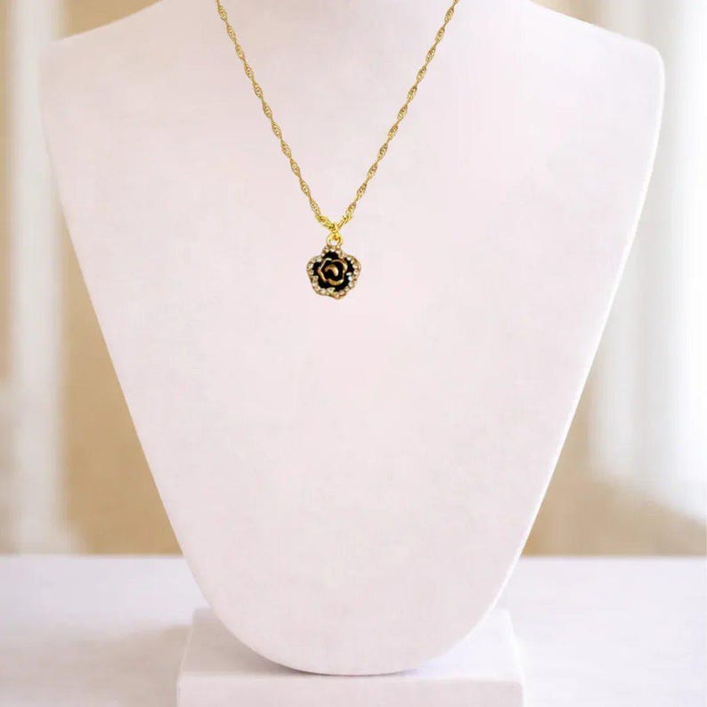 Sparkly Black Rose necklace, Gold- 20 inch - - LadybugfeetDesigns -