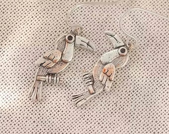 Rustic Toucan Hook Earrings, Silver