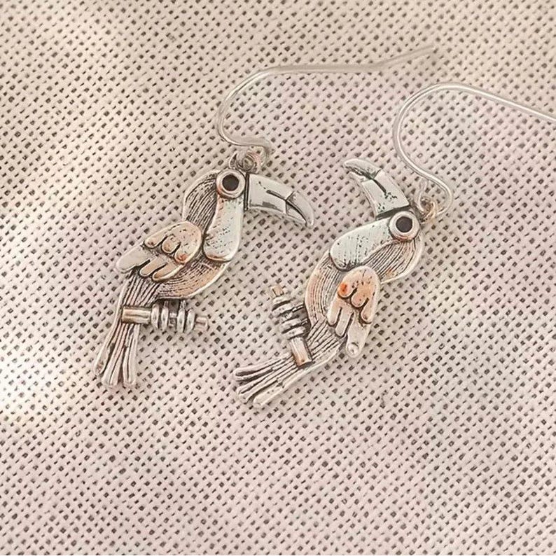 Rustic Toucan Hook Earrings, Silver - - LadybugfeetDesigns -