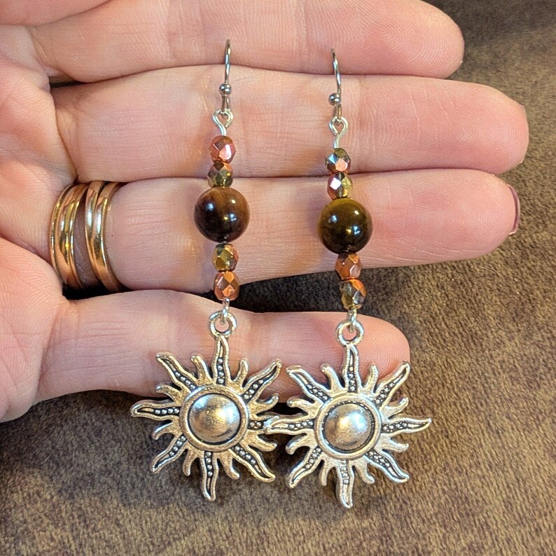 Celestial Sun Tiger's Eye Beaded Hook Earrings, Silver - - LadybugfeetDesigns -