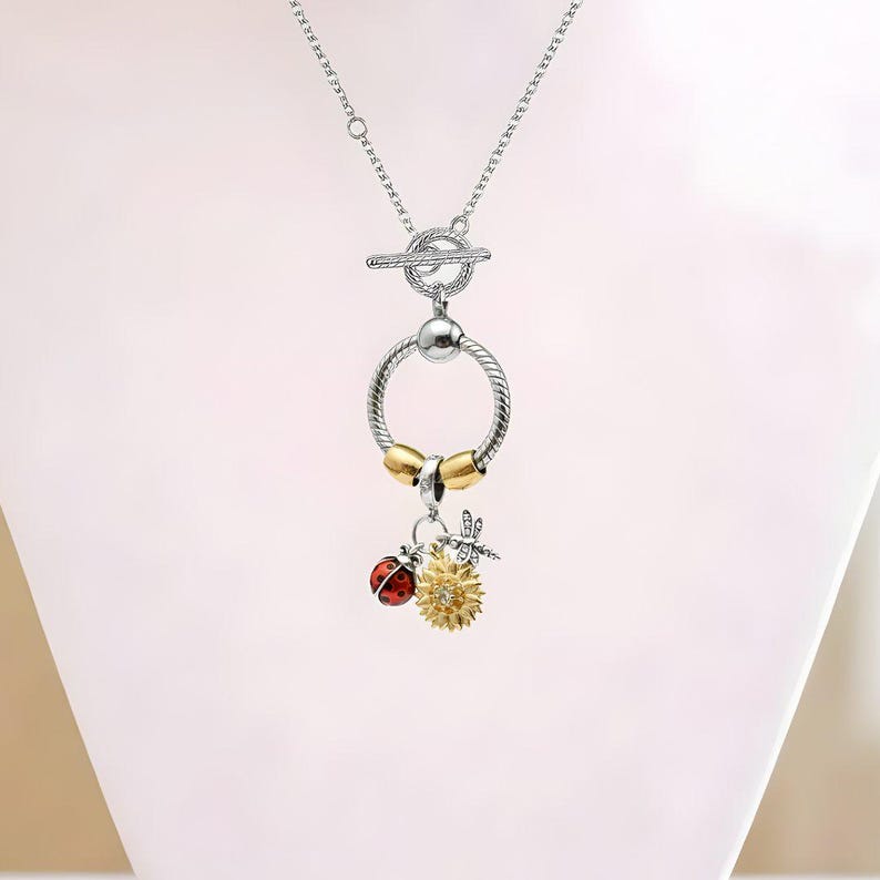 Garden Party Sterling Silver Toggle Charm Necklace, 20 inches - - LadybugfeetDesigns -