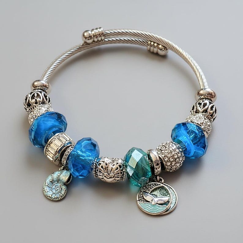 Ocean Lover Euro Cuff Wrap Bracelet, Silver - - LadybugfeetDesigns -