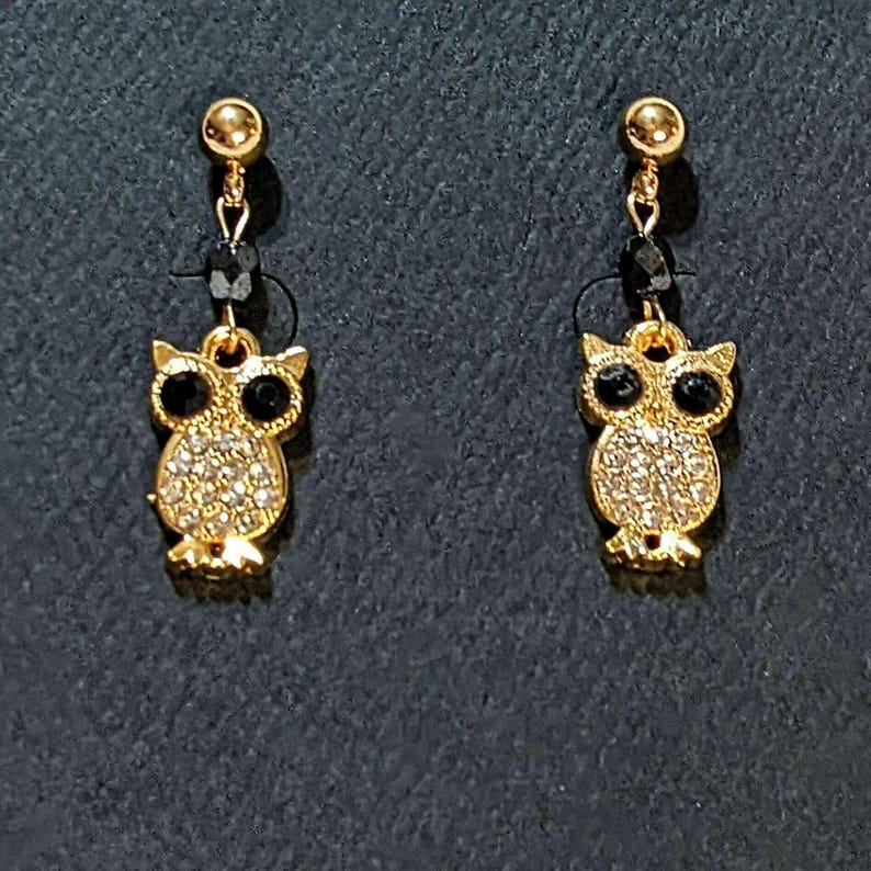 CZ Owl Charm Drop Stud Earrings-Gold - - LadybugfeetDesigns -