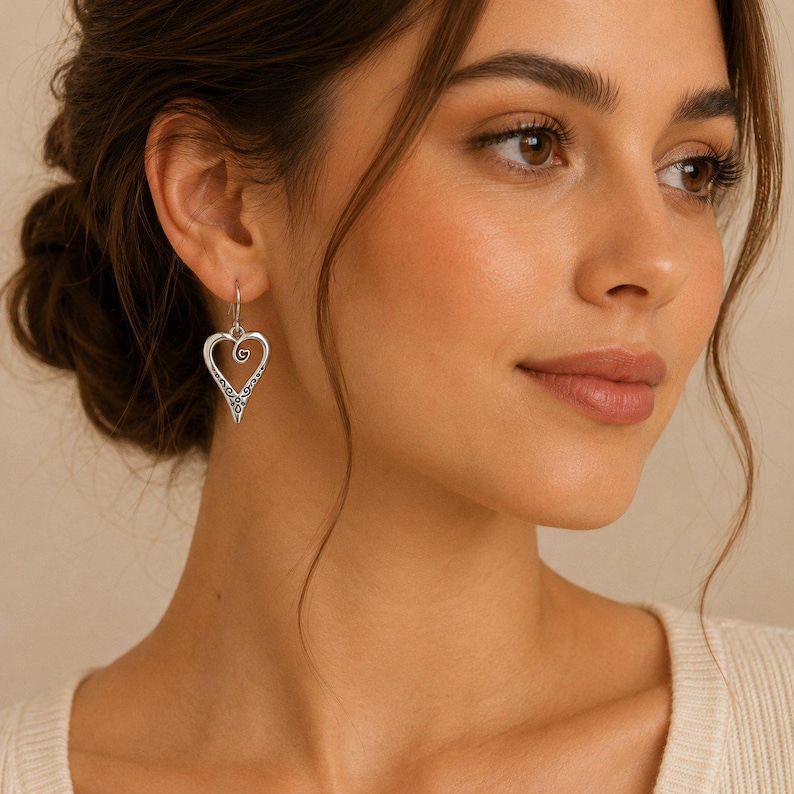 Large Fancy Heart Hook Earrings, Silver - - LadybugfeetDesigns -