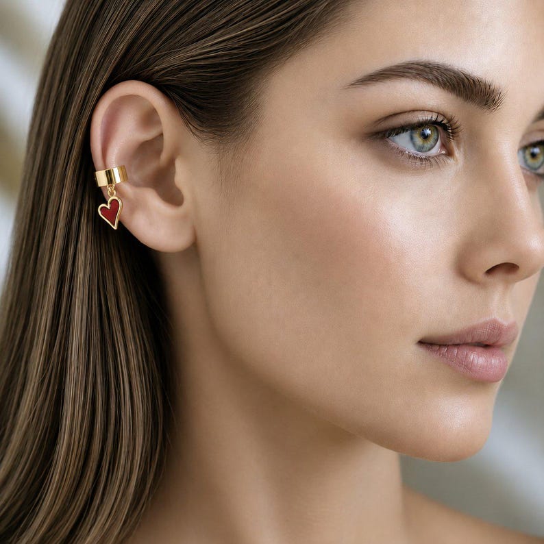 Enamel Heart Ear Cuff, Gold - - LadybugfeetDesigns -