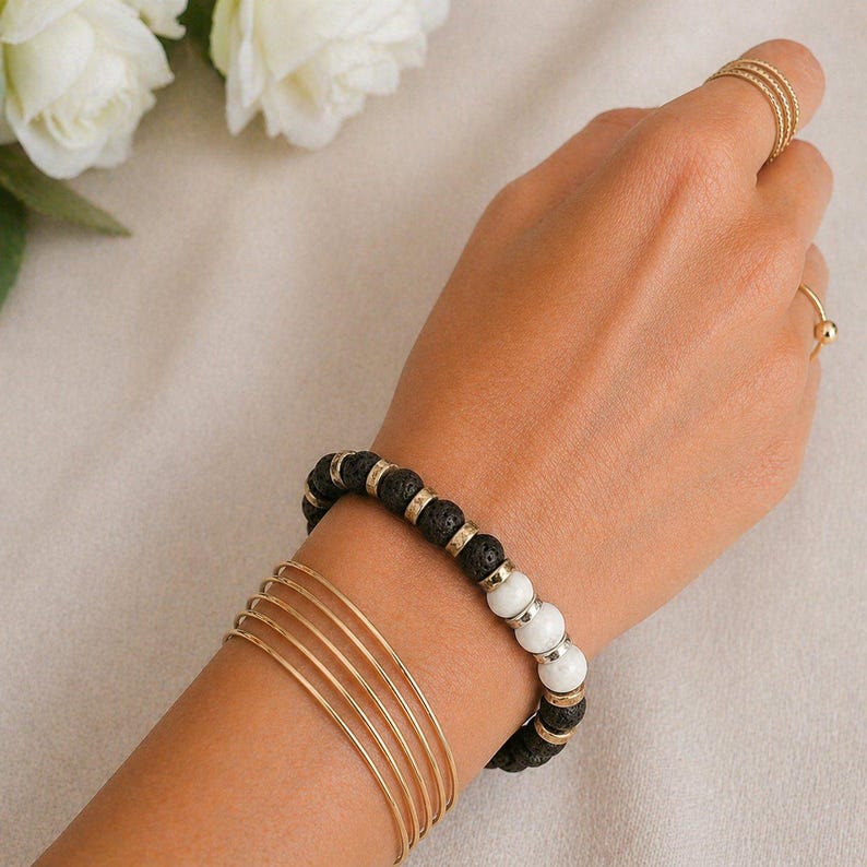 Moonstone Gemstone Lava Bead Stretch bracelet-JUNE Birthstone - - LadybugfeetDesigns -
