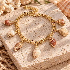 Genuine Conch Seashell Charm Bracelet - - LadybugfeetDesigns -
