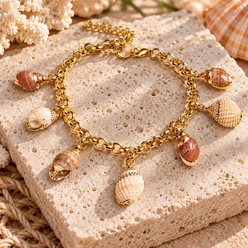 Genuine Conch Seashell Charm Bracelet - - LadybugfeetDesigns -